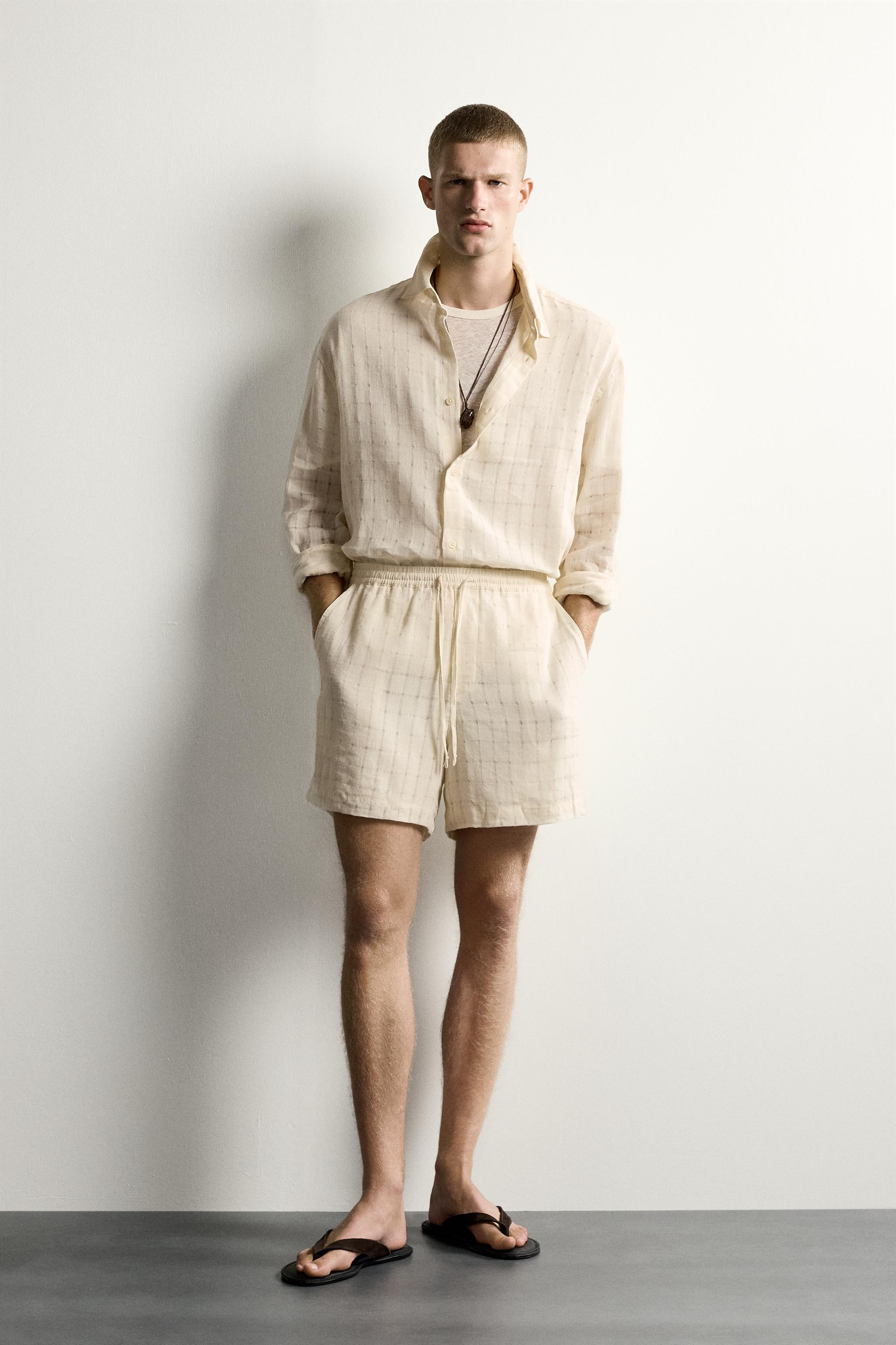 RELAXED FIT CHECKERED LINEN-COTTON JACQUARD SHIRT